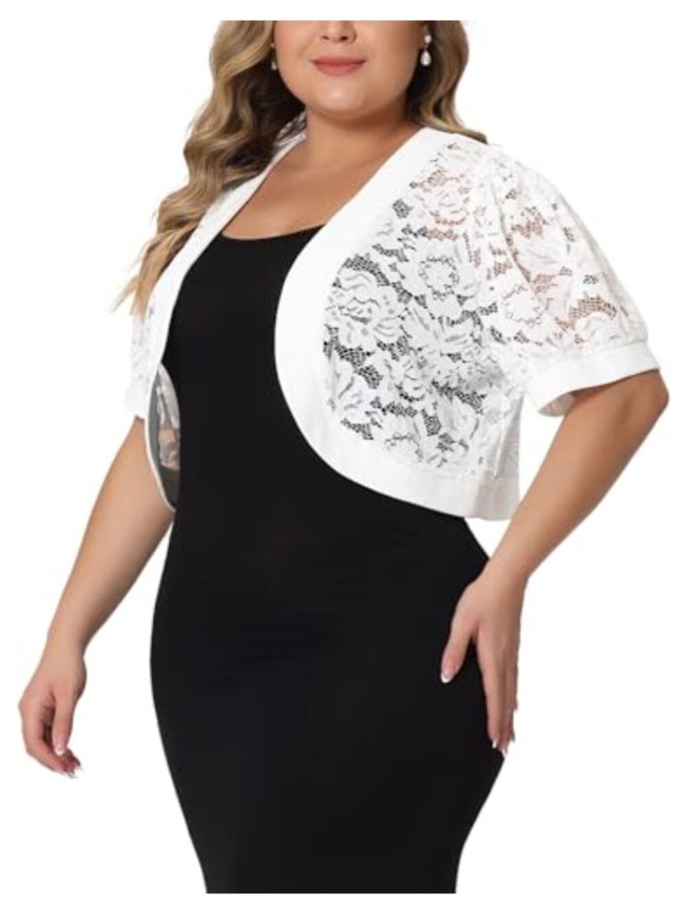 Plus Size Lace Cropped Open Front Short Sleeve Cardigan Shrug